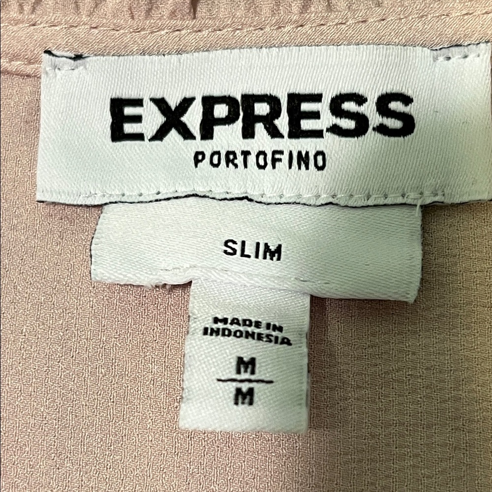 Express Pretty Pink Blush Ruffle Button Blouse size Medium Slim Fit Long Sleeve - Picture 2 of 13